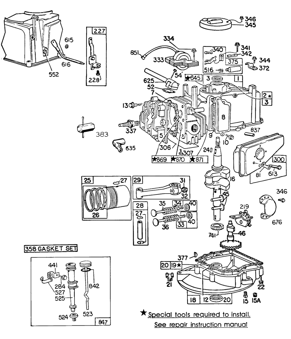 Cylinder,sumps,piston,mufflers Diagram and Parts List for 94508-0157-XX  Briggs and Stratton Engine